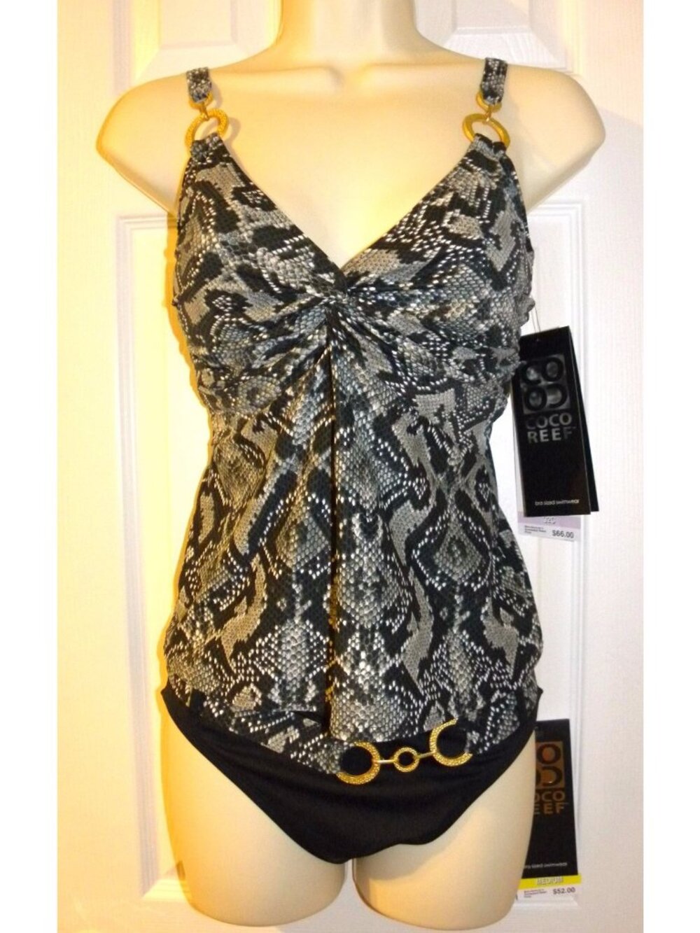 COCO REEF~2pc PERFECTION FIT UNDERWIRE BRA SNAKESKIN BELTED TANKINI~32C NWT $118